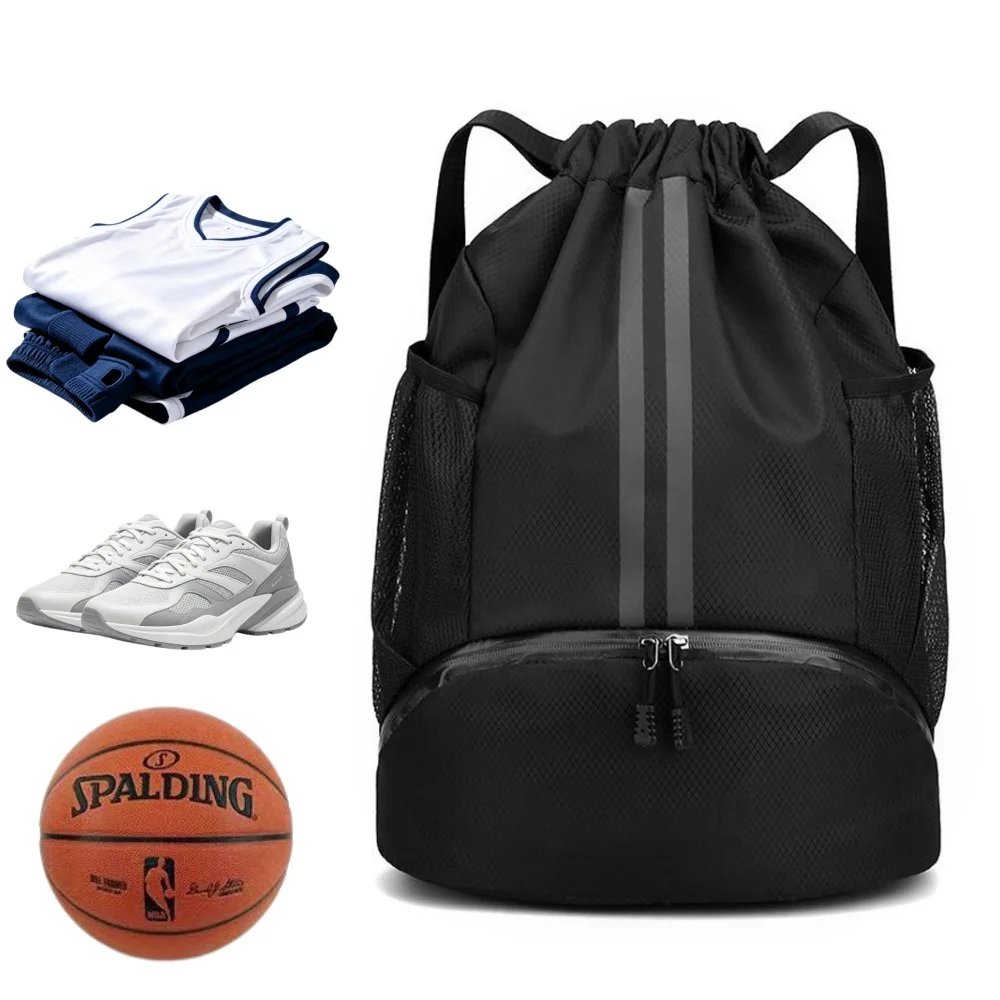 Drawstring Gym Bag - กระเป๋าเป้กีฬาแบบมีเชือกผูก, กระเป๋าออกกำลังกายน้ำหนักเบาพร้อมช่องใส่รองเท้าและช่องแยกของเปียกและแห้ง, เหมาะสำหรับบาสเก็ตบอล ฟุตบอล ว่ายน้ำ โยคะ